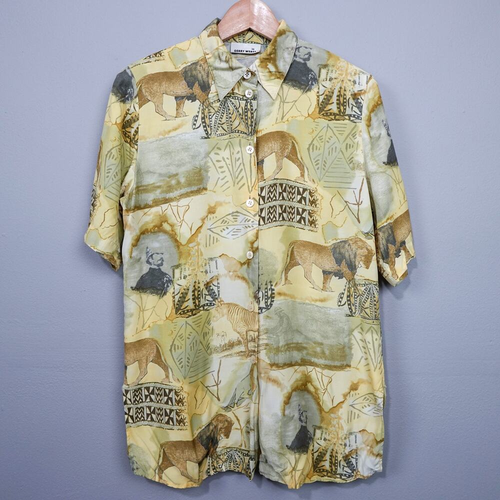 Vintage Gerry Weber Safari Print Tunic Blouse Sz S EU 36 Yellow Beige Button Up